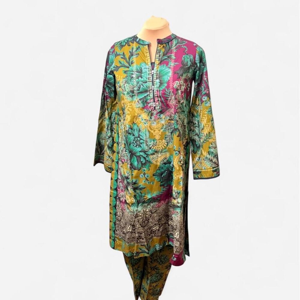 NWOT Sapphire Green Magenta Floral Print Cotton Kurta and Pants Set Size S